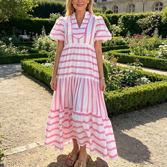Morttic Women's Short Sleeve V-Neck Patchwork Stripes Midi Dress Vibrant Casual Cute Spring Summer Vacation Wear Pink,S