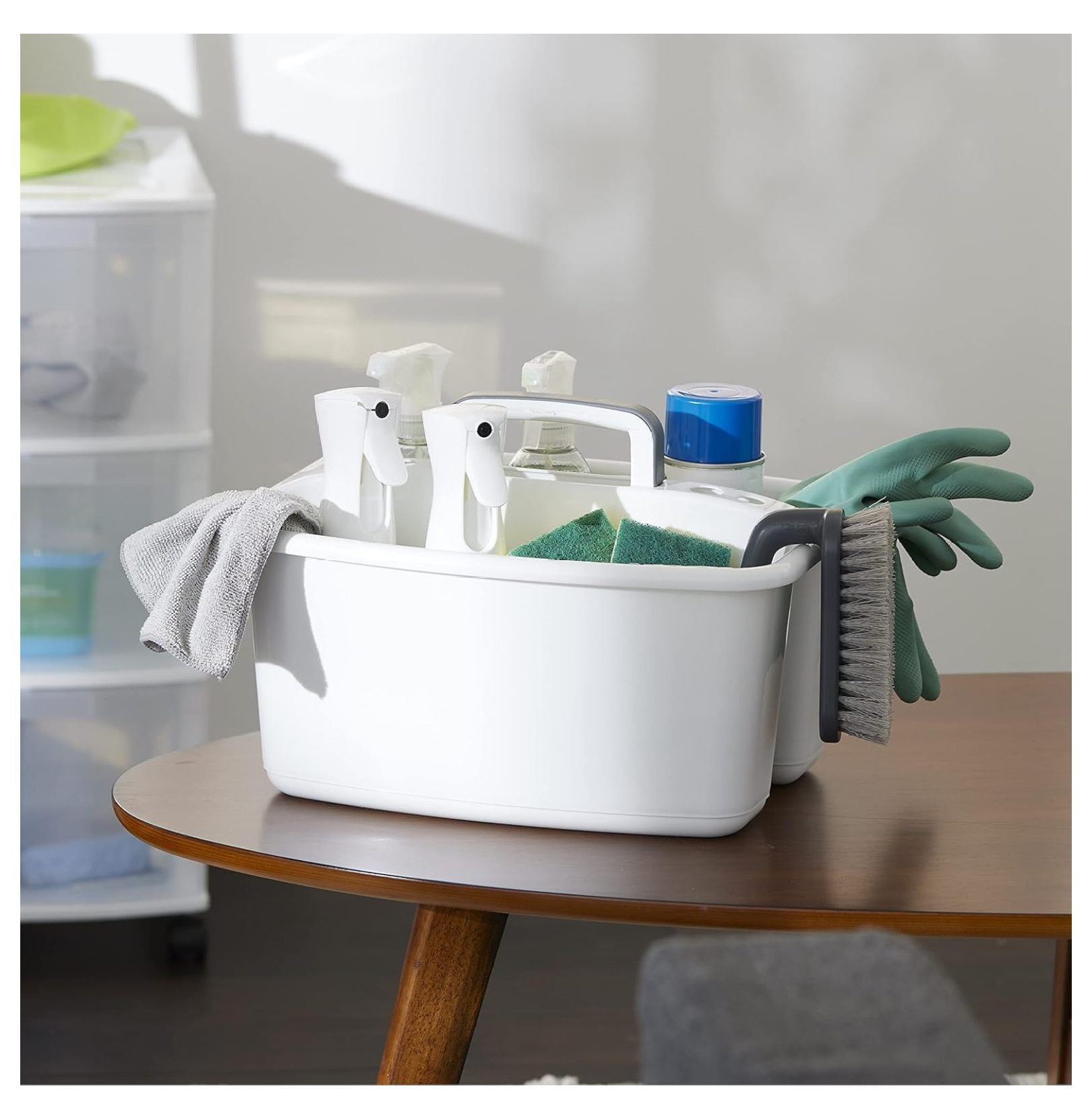 Large Portable Plastic Storage Caddy Tote w/2 Compartments with Handle Under Sink Organizer for Cleaning Supplies, , Make-up, White (6 Pack)