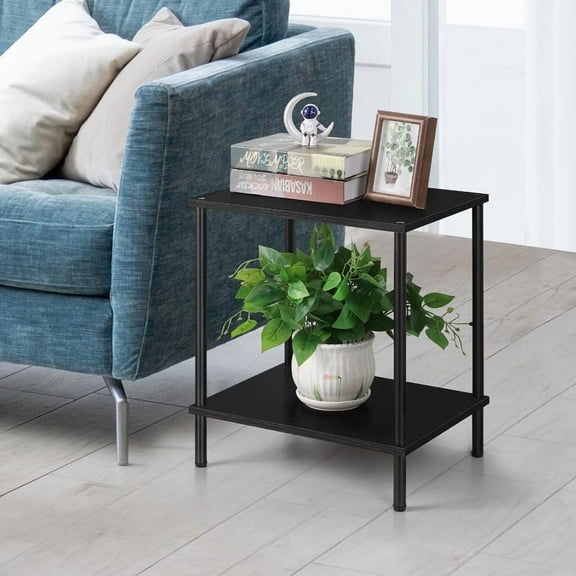 Chic Black 2-Tier Side Table with Storage Shelf - Modern Wood & Metal Nightstand for Living Room, Bedroom or Office, Adjustable Feet & Easy Assembly, Compact 15.7"x11.8"x18.1" Versatile Design
