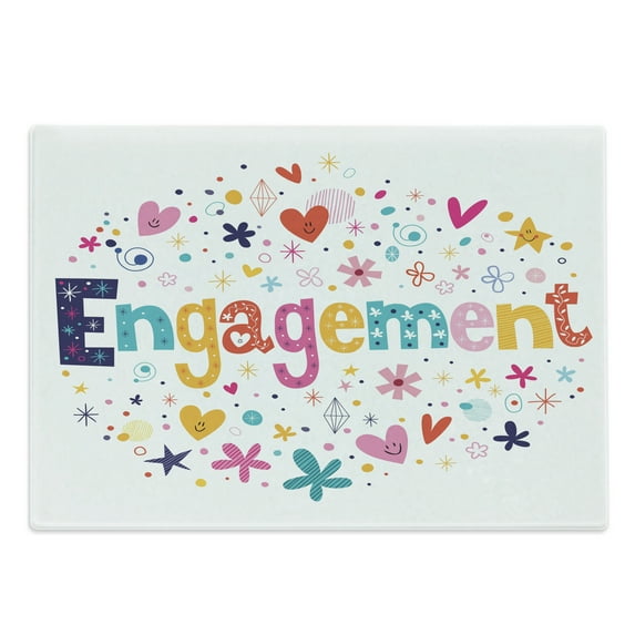 Engagement Party Cutting Board, Cartoon Patchwork Inspired Hearts Engagement Party Theme Image Art Print, Decorative Tempered Glass Cutting and Serving Board, Large Size, Multicolor, by Ambesonne