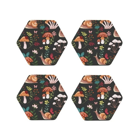 

Fuzoiu Mushroom With Snails Print Leather Coasters Set Drink Coasters Set of 4 for Tabletop Protection Durable PVC Coasters Home Décor and Housewarming Gift-Hexagon