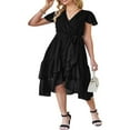 thumbnail image 2 of Femmes Boho Manches Courtes V Robe de Cou Casual Ruffle Wrap Swing Plage Sundress Été Mousseline de Soie Parti Midi Robe avec Ceinture, 2 of 5