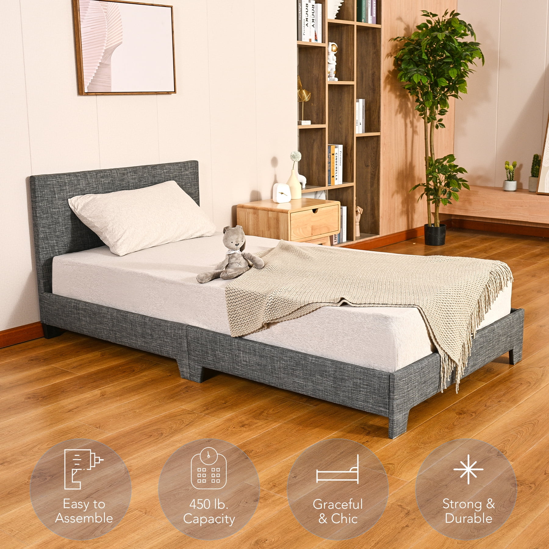 Vonluce Upholstered Platform Bed Frame with Headboard and Slats, Twin Size, Gray