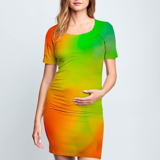 Woman' Fashionable Printed Pleated Maternity Skirt Short Sleeved Round Neck Mid Calf Dress