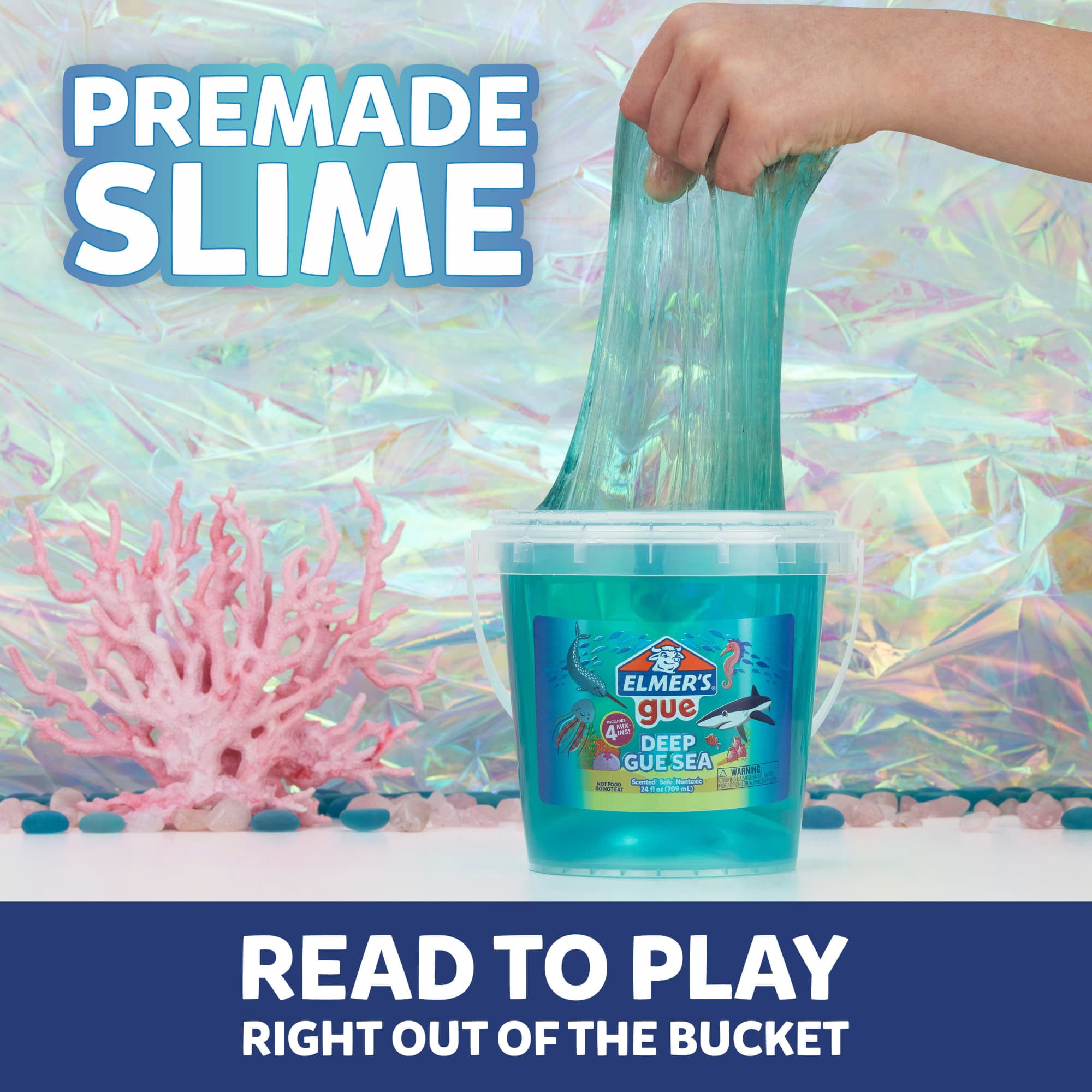 Elmer’s Gue Pre-Made Slime, Blue Clear Slime, Includes 4 Sets of Unique Mix-Ins, 1.5-lb Bucket