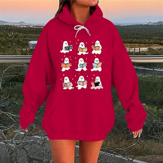 Moxiu Oversized Halloween Sweatshirt for Women Ghost Hoodies Long Sleeve Hooded Sweatshirt Spooky Season Pullover Tops Red,XXXXL