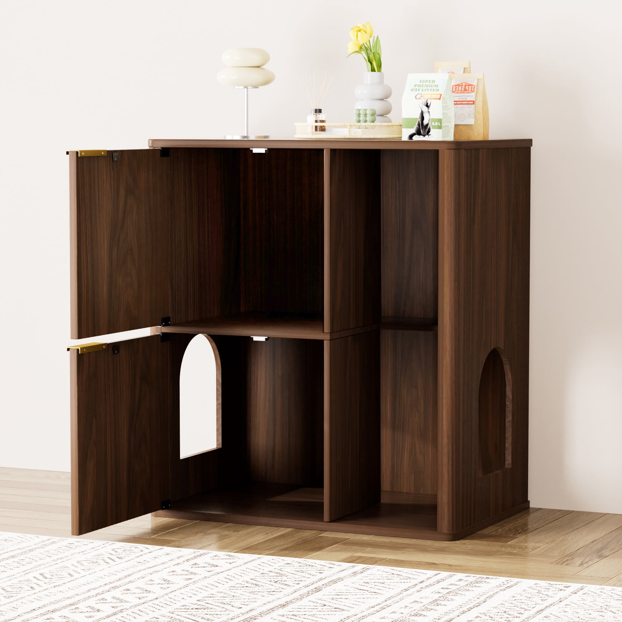 31.5-inch Walnut Cat Litter Cabinet with Cat Tree, Grooved Concealed Litter Furniture Featuring Dual Cat Doors and Storage Shelves, Versatile Pet Cabinet for Living Rooms or Bedrooms