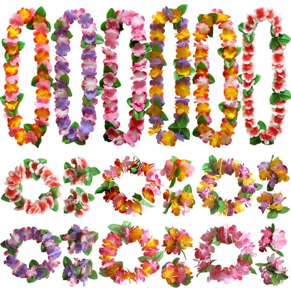 Diadema de flores de Lei hawaiano, pulseras, collar de hojas de Luau hawaiano tropical, pulseras, aros para el pelo, corona para mujer, diademas para el pelo, disfraz de Cosplay, vacaciones en la play