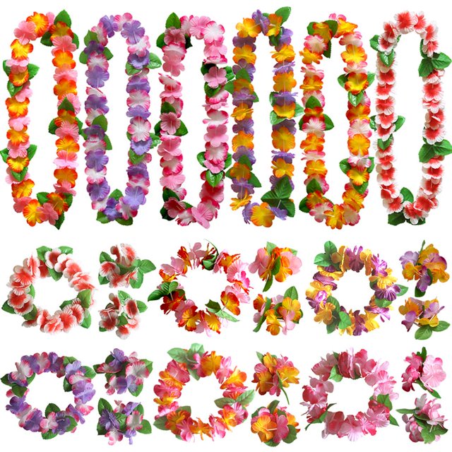 Diadema de flores de Lei hawaiano, pulseras, collar de hojas de Luau hawaiano tropical, pulseras, aros para el pelo, corona para mujer, diademas para el pelo, disfraz de Cosplay, vacaciones en la play