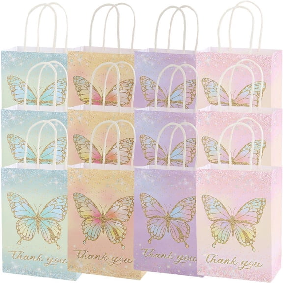 Yvsxxv Multicolor Butterfly Pattern Kraft Paper Gift Bags with Handles Birthday Party Treat Bags 12Pcs