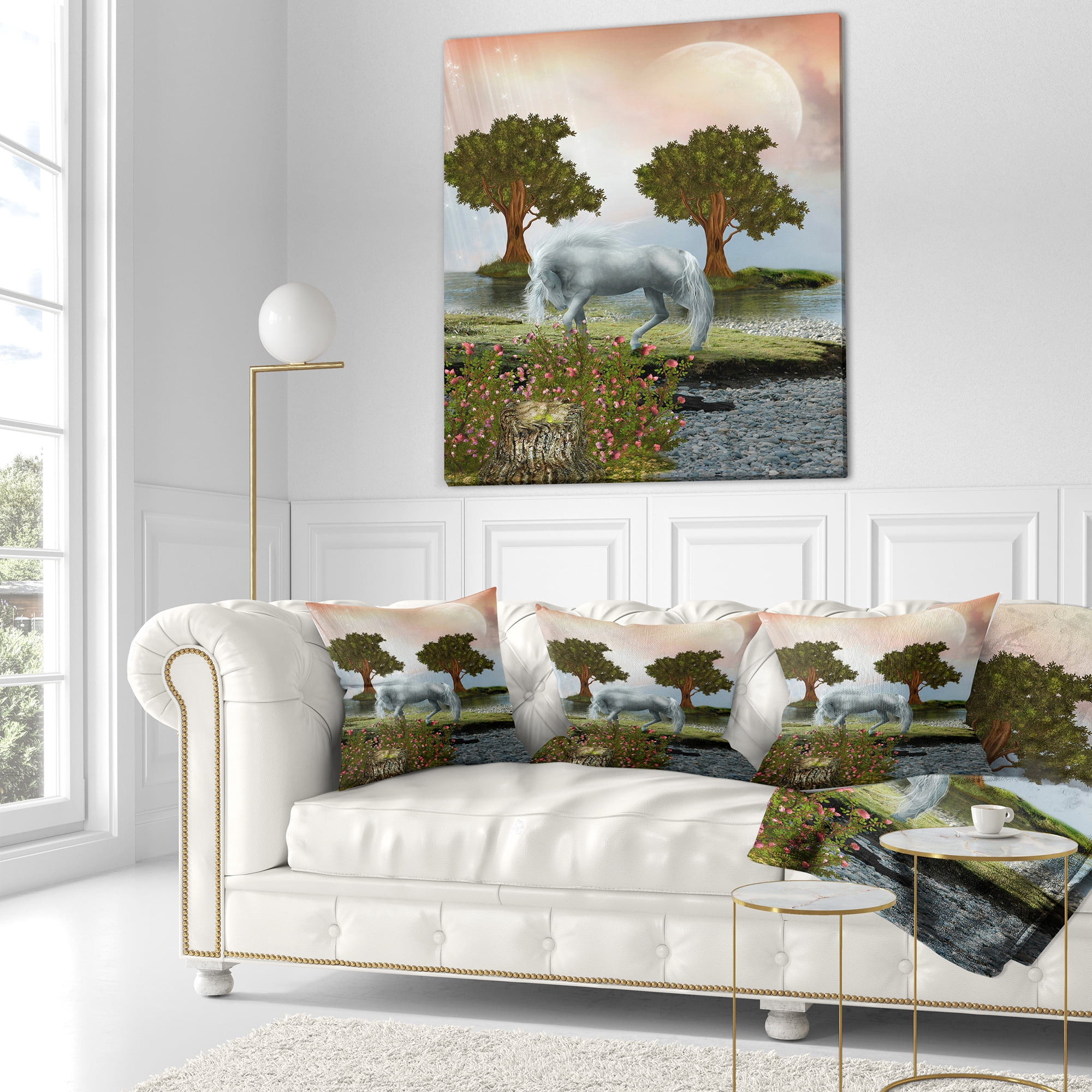 Designart White Horse and Green Trees - Landscape Printed Throw Pillow - 18x18