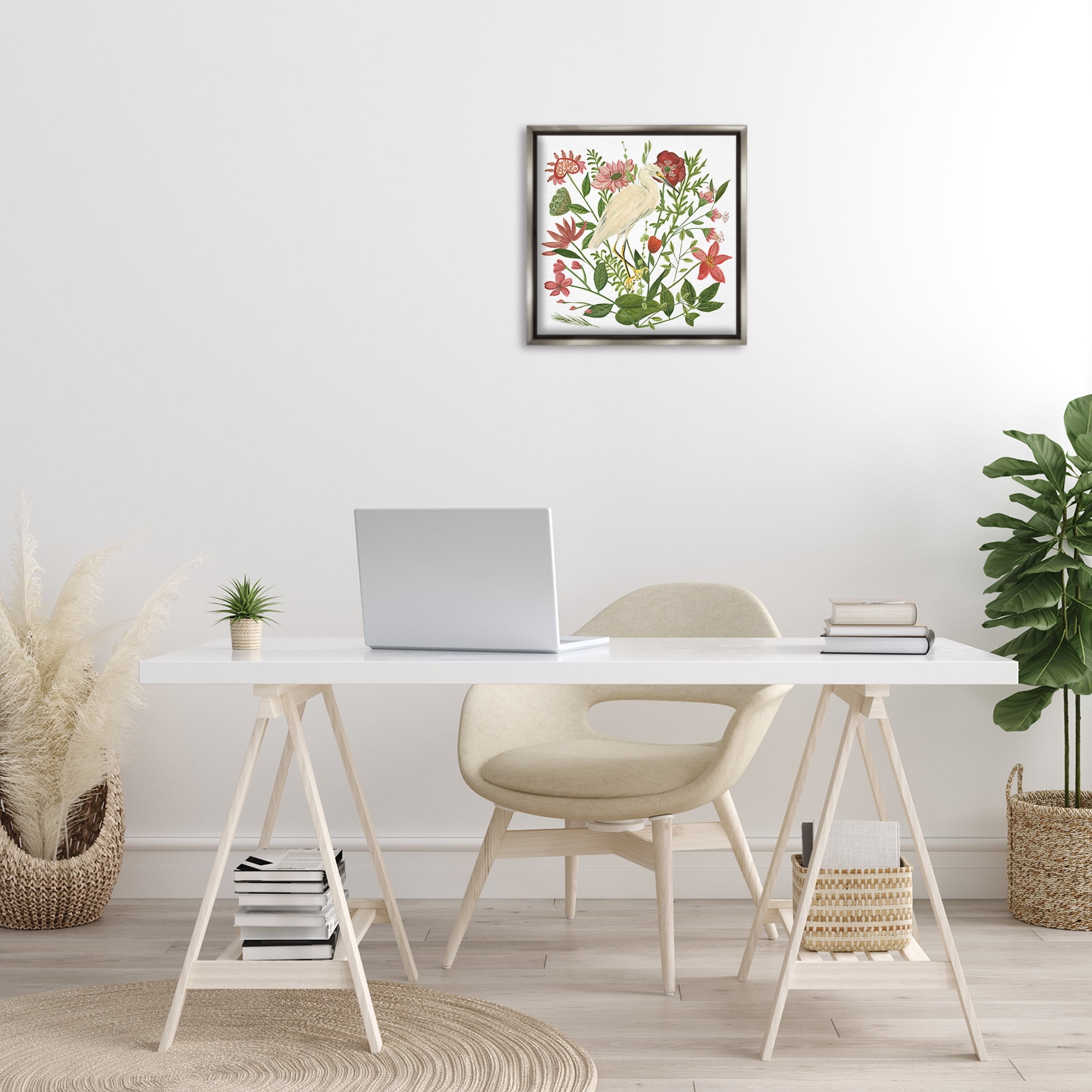 Stupell Industries Nautical Flowers & Egret Landscape Painting Gray Floater Framed Canvas Art Print Wall Art, 18 x 18