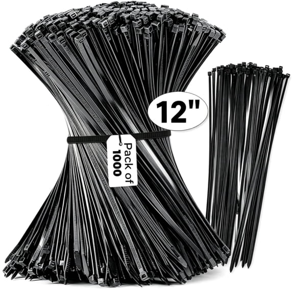 12 Inch Zip Cable Ties (1000 Pieces) with 40 lb Tensile Strength, Black Cable Ties, Self-Locking Premium Nylon Cable Wire Ties for indoor and outdoor