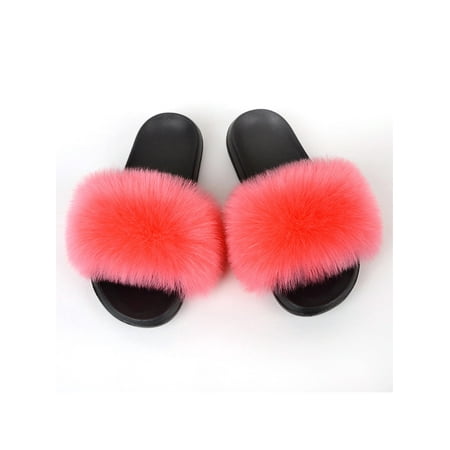 

Zodanni Women Fuzzy Slippers Color Block Fluffy Slides Furry Slipper Breathable Shoe Outdoor Lightweight Faux Home Shoes Light Red 7.5-8