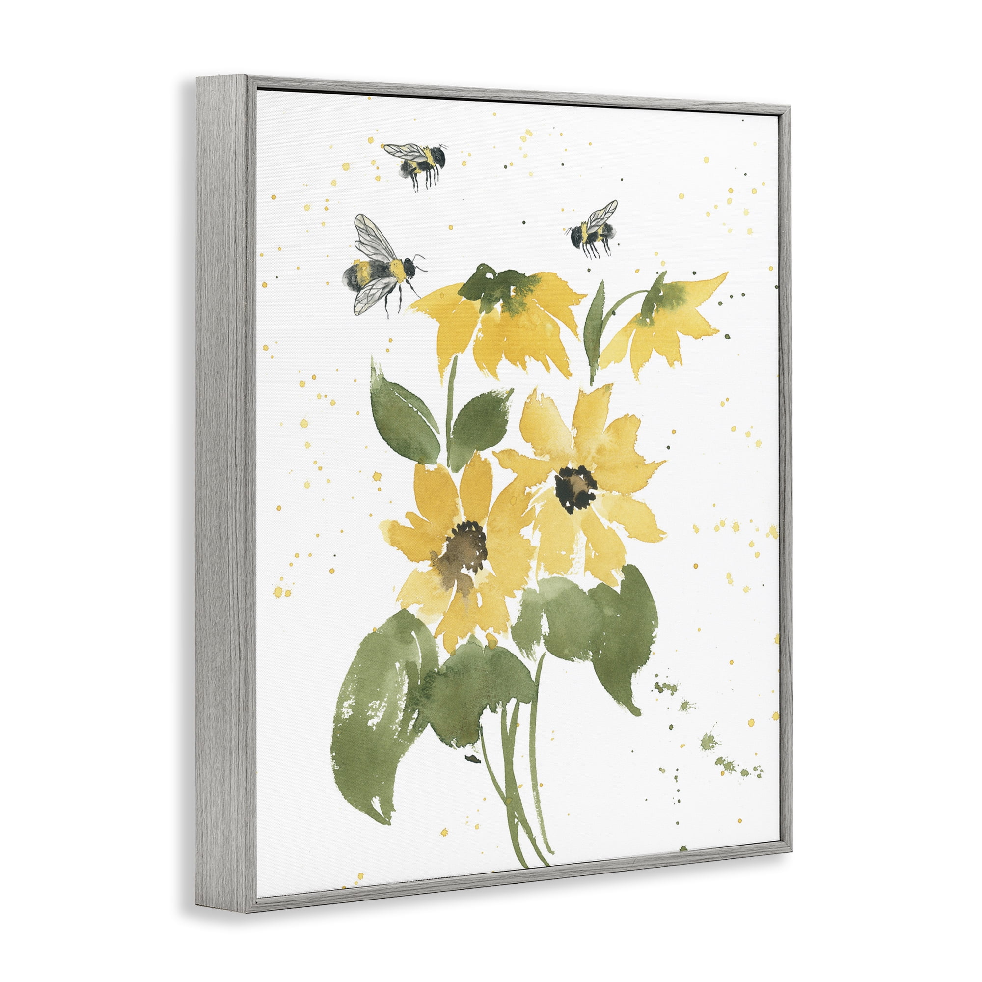Stupell Industries Bumble Bees & Daisies Botanical & Floral Painting Gray Framed Art Print Wall Art, 24 x 30