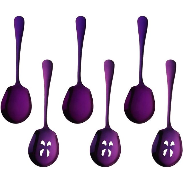 Meisha Serving Spoons Set, 3 Serving Spoons and 3 Slotted Serving Spoons, Purple Stainless Steel Serving Utensils for Buffet Can Banquet Cooking Kitchen - Mirror Polished