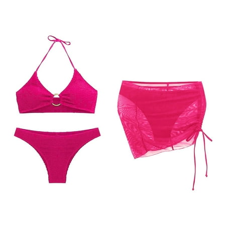 Swim Suits for Women 2024 3 Piece Bathing Suits Halter Ring Bikini Set With Cover Up Skirt Swimwear Sizes M