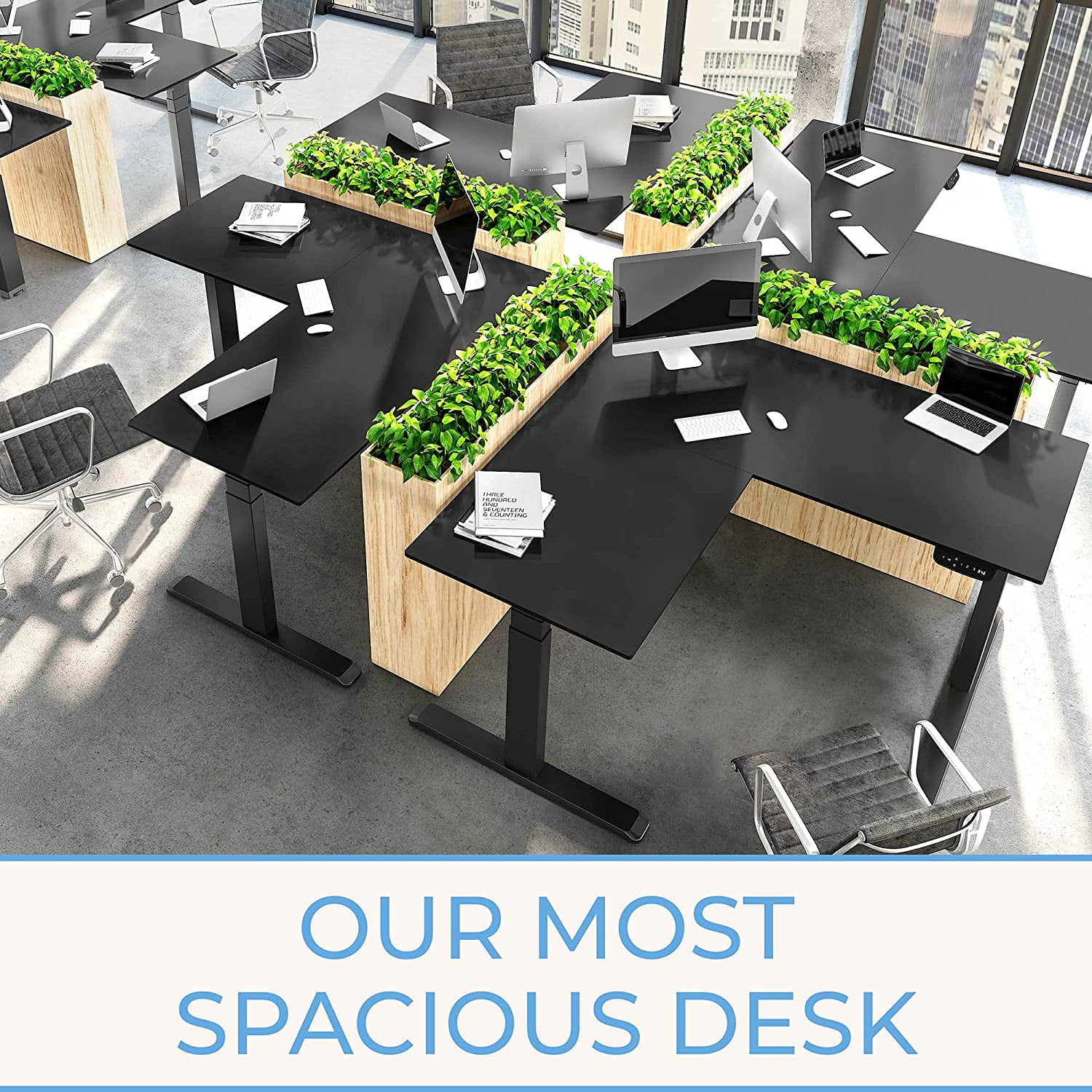 Stand Steady Tranzendesk Power | Extra Large 71" Electric L-Shaped Standing Desk | Giant Corner Stand Up Desk & Sit Stand Workstation |  Ergonomic Computer Desk Fits 4 Monitors (Black / 71")