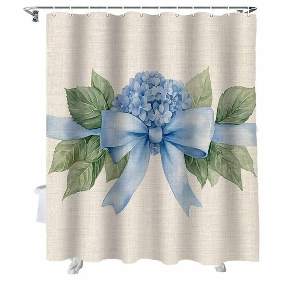 Shower Curtains Blue Bow Hydrangea Bath Curtain Flowers Leaf Waterproof Bathroom Shower Curtain Set with Hooks Decoration 72 x 72 Inches