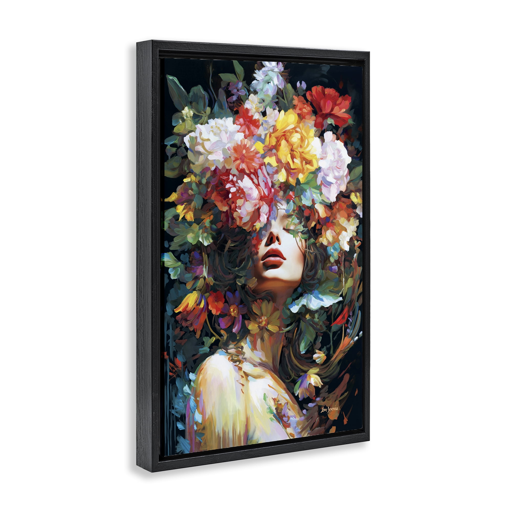 Stupell Industries Rose Bedecked Woman Plants & Flowers Painting Black Floater Framed Canvas Art Print Wall Art, 21 x 31