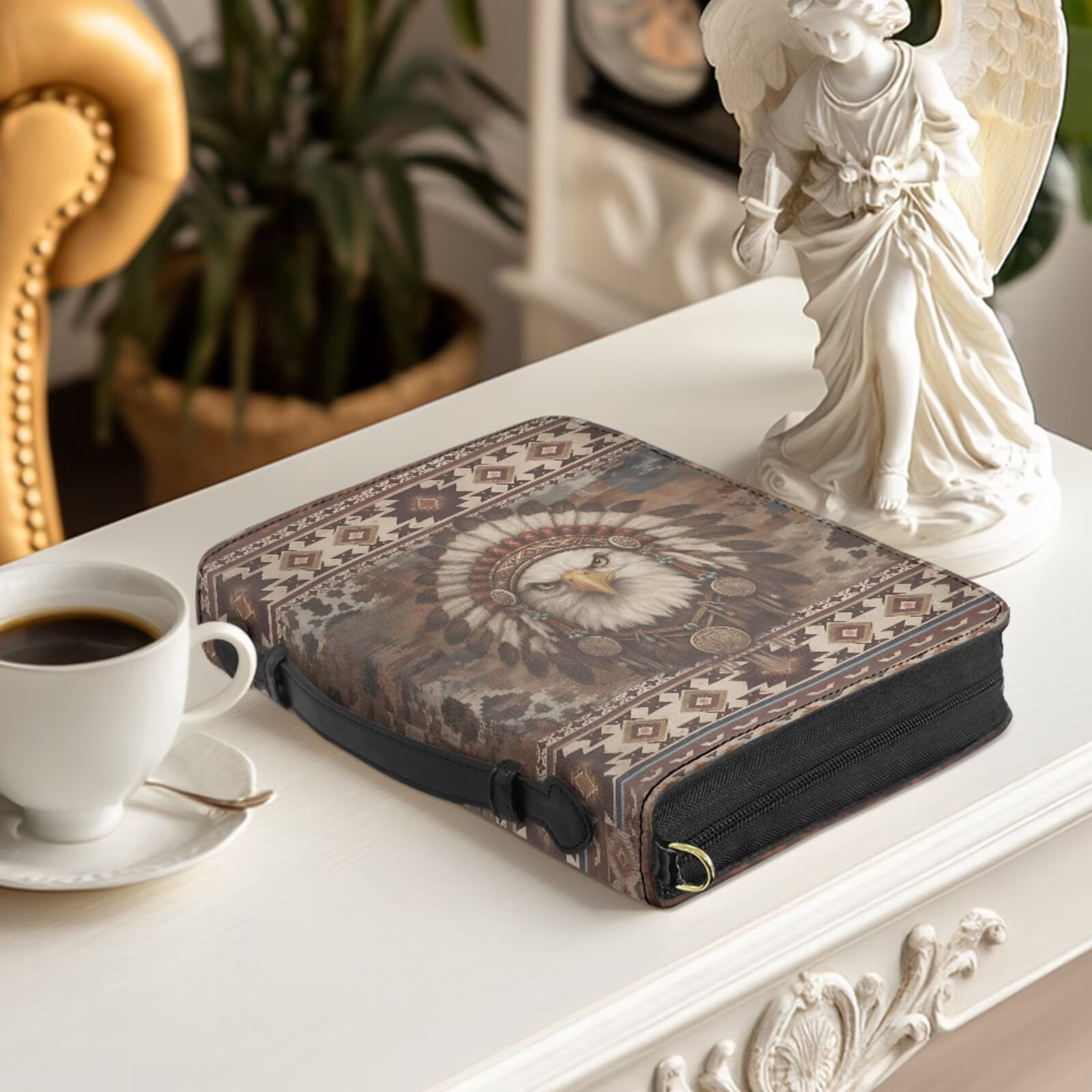 Kuiaobaty Aztec Eagle Print Bible Cover for Women Men Tribal Style Print Carrying Book Case with Leather Bookmark Multi-Pockets Church Bag Bible Protector for Christian Daily, Brown