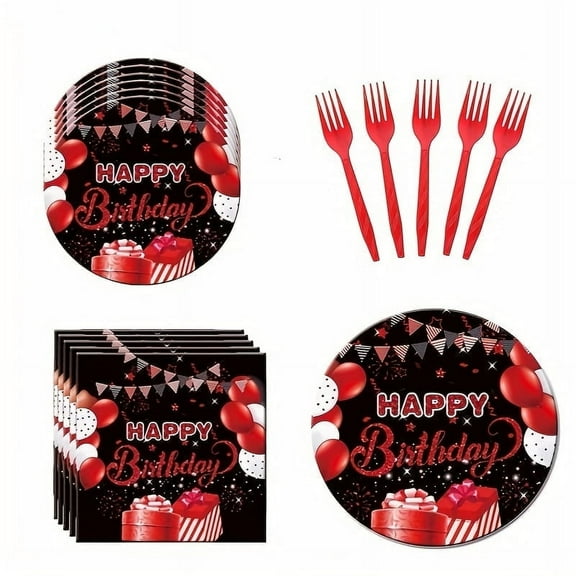 100 Pieces Red and Black Tableware Set Confetti Sprinkles Happy Birthday Party Decorations Table Decors for Men Women Plates Napkins Forks for 20 Guests