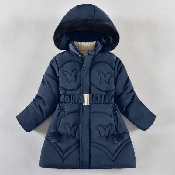 AUNVITO Girls Winter Coat with Big Fur Collar & Bowknot Print Thickened Warm Cotton Jacket for 5-11Y