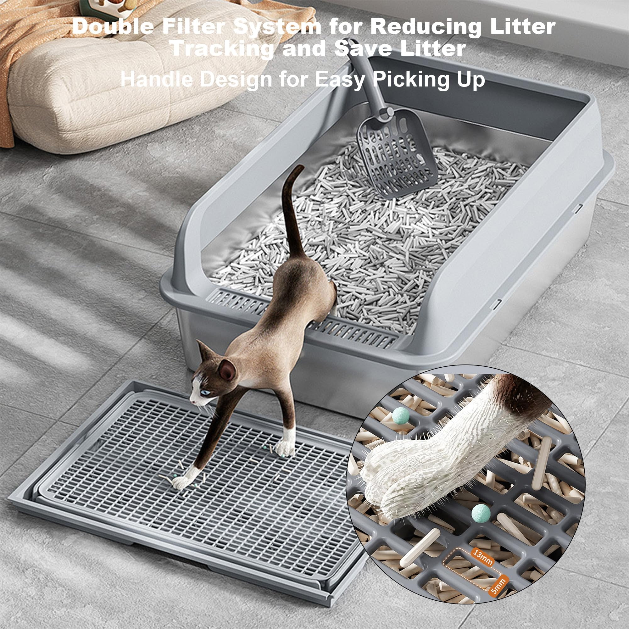 Large Stainless Steel Top Entry Cat Litter Box with PP Cover & Anti-Track Mat, Super Size 60x40x30cm, Prevents Splatter & Scatter, Easy to Clean, for Multiple Cats,Light Grey