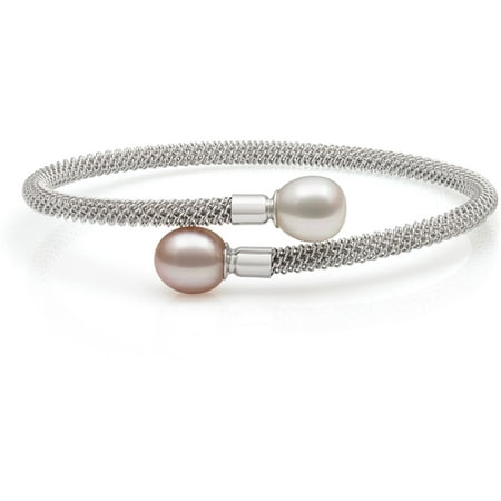 8-9mm White and Pink Drop Cultured Freshwater Pearl Sterling Silver Mesh Bracelet, 7.5