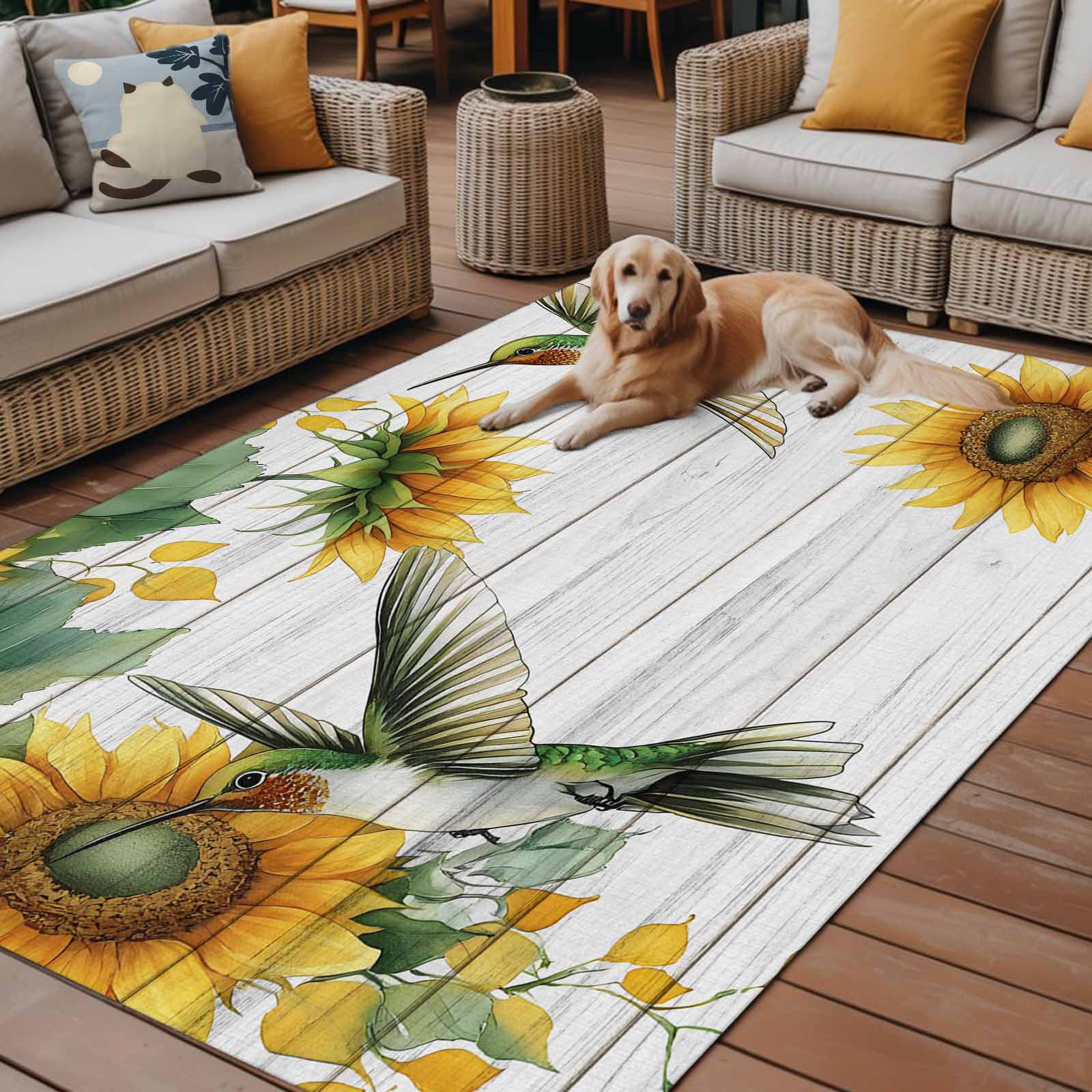 Fsddascl Sunflower Outdoor Rug for Patio/Deck/Porch, Non-Slip Large Area Rug 4 x 6 Ft, Yellow Summer Botanical Hummingbird Indoor Outdoor Rugs Washable Area Rugs, Reversible Camping Rug Carpet