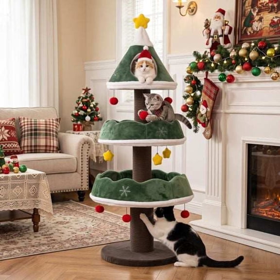 56.5 Inch Christmas Tree Cat Tower Multi-Level Cat Tree with Scratching Posts and Cozy Condo, Green
