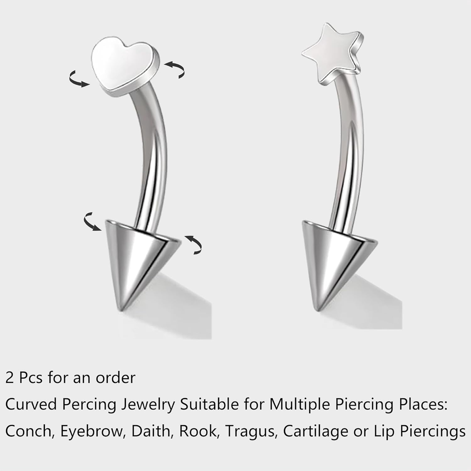 Heart Piercing Jewelry Titanium Eyebrow Rings Star Vertical Labret Lip Jewelry 16G Curved Barbells Daith Earrings for Women Men (10mm)