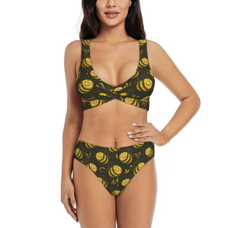 Zeuib Cute Cartoon Bees High Waisted Tummy Control Bikini Set - Knot Front Push Up Top & Cheeky Thong Bottom  Two-Piece Swimsuit for Women-Small