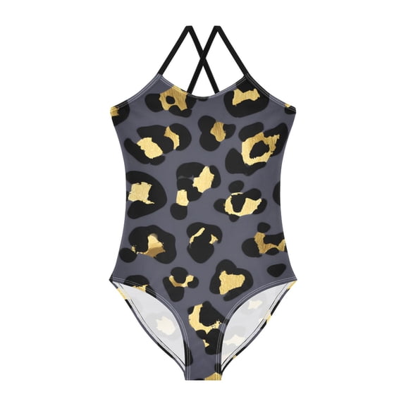 Golden Leopard Print Pattern Girls' One-Piece Swimwear 3T-10T Soft Stretchy for Beach Pool Water Park