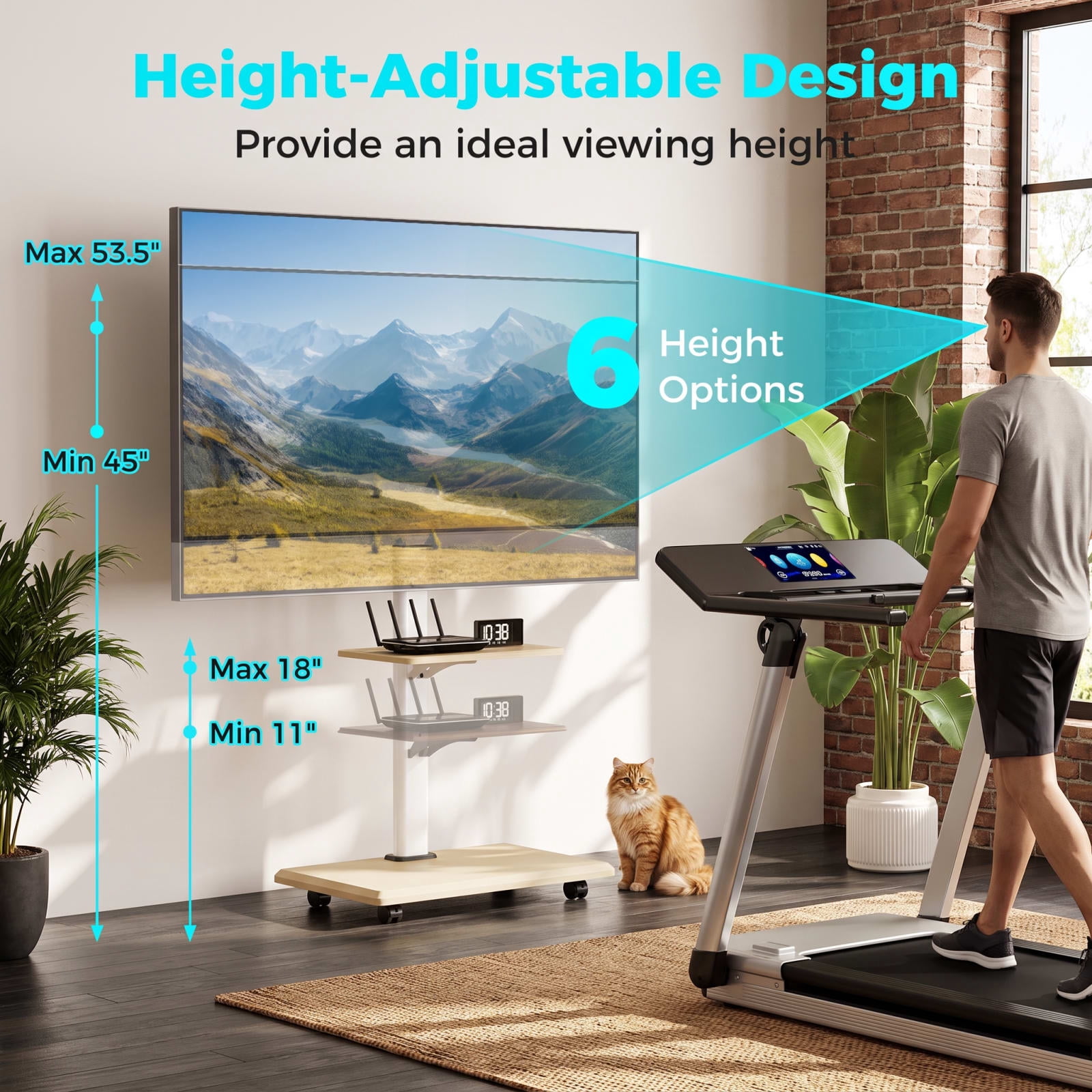 Furnibear Rolling TV Stand Entertainment Center on Wheels Mobile TV Cart for 32 to 75 Inch TVs with Adjustable Storage Shelves, Natural