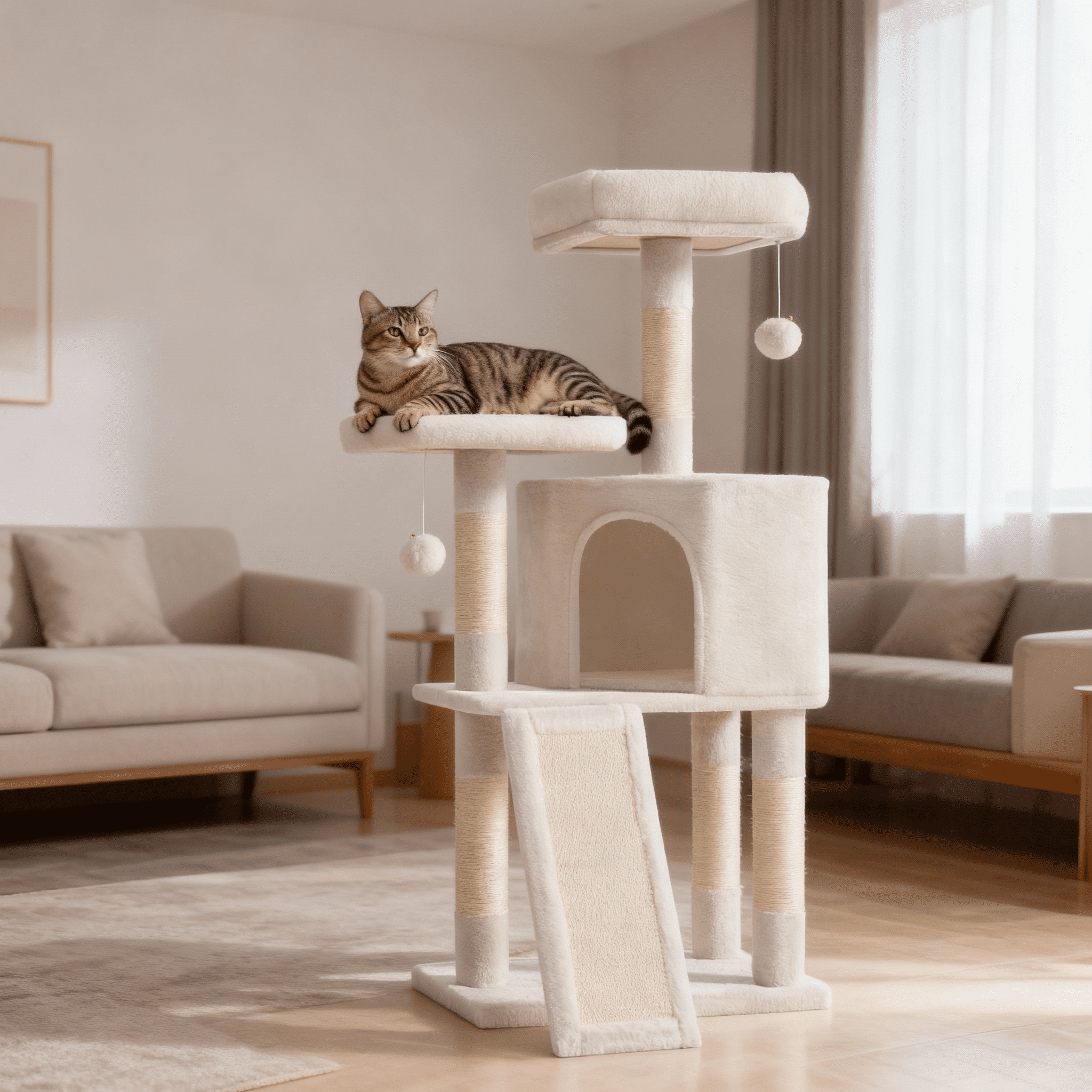 LEDREM Cat Tower, 45.3-Inch Indoor Cat Tree with Scratching Ramp, Perches, Spacious Cat Cave, Multi-Level Condo for Kittens, Adult Cats, Cream White