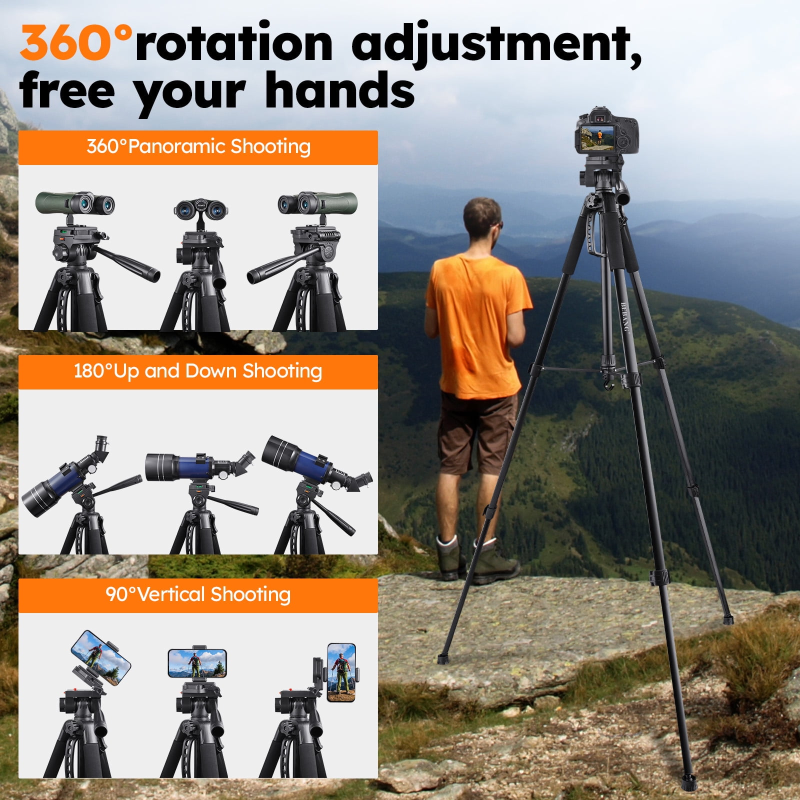 BEBANG 67" Camera Tripod, Portable Aluminum Tripod Stand for DSLR Camera and iPhone, Mirrorless Cameras, Camcorders and Binoc