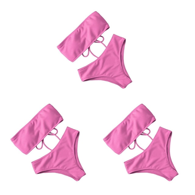 Eigraketly Traje de baño dividido de Color sólido para mujer, corpiño sin tirantes, traje de verano acolchado, conjunto de traje de baño ajustable, ropa Rosa S 3piezas Eigraketly CBP229132