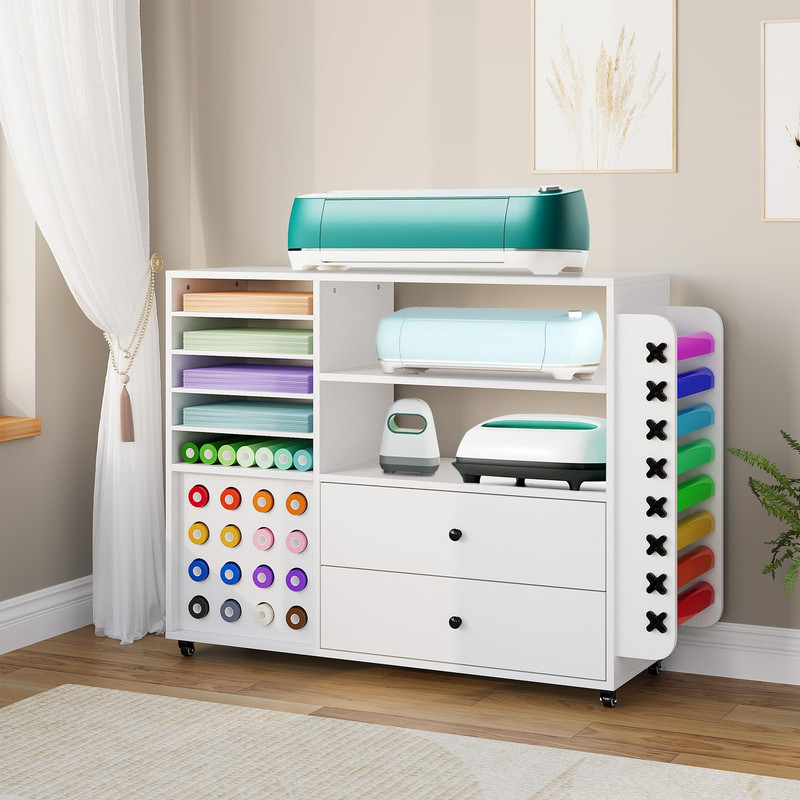 Craft Organization and Storage Cart Compatible with Cricut Machines, Rolling Craft Table Organizer with 2 Drawers & 24 Vinyl Roll Holder for Craft Room Home