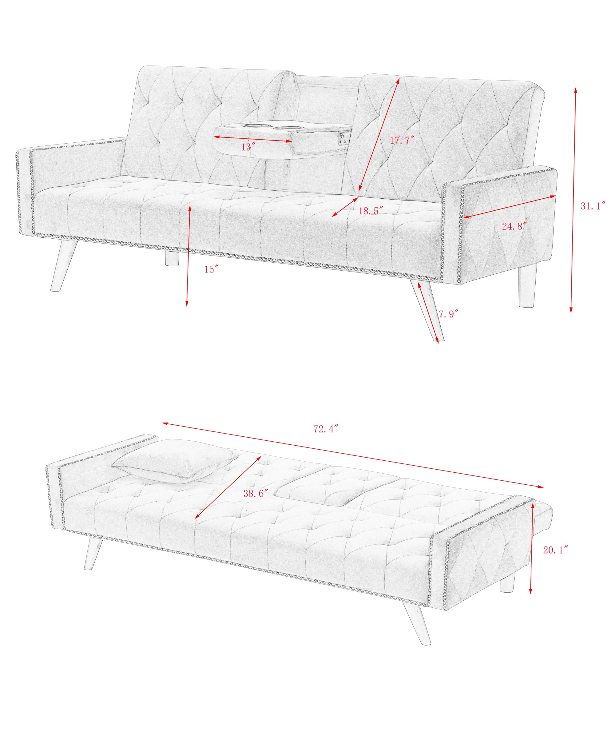Gewnee 72" Sofa Bed,Velvet Loveset with Nail Head Trim & Two Cup Holders,Suitable for Small Spaces,Bedrooms and Apartments.(Pink)