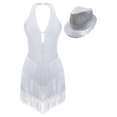 thumbnail image 1 of Linjinx Justaucorps de Danse pour Femmes avec Franges et Chapeau à Sequins Blanc L, 1 of 7