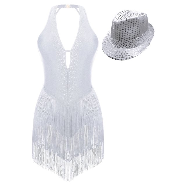 Linjinx Justaucorps de Danse pour Femmes avec Franges et Chapeau à Sequins Blanc L