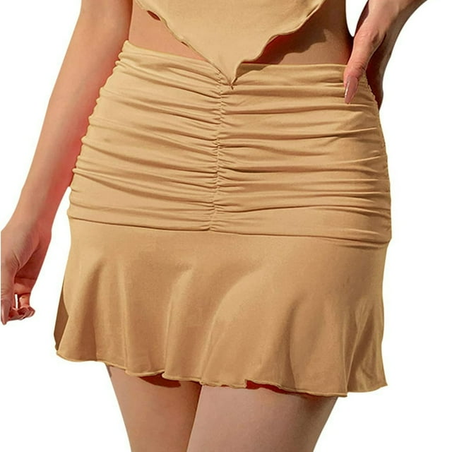 Female Solid Color High Waist Pleated Skirt Ruffled Short Dress S-L