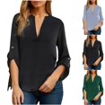 thumbnail image 1 of Tops bohemios para mujer,Camisa informal de mujer con cuello en V, manga corta, mezcla de algodón y lino, corte holgado, color liso, para uso diario, sopatenor, 1 of 7