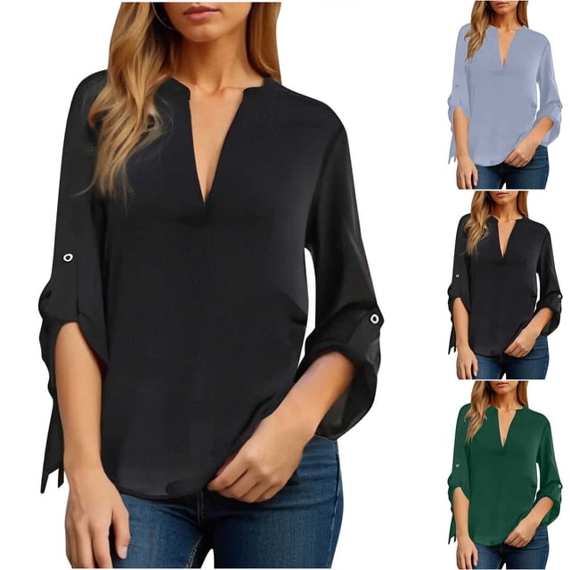 Conjuntos de trabajo para mujer,Camisa informal de mujer con cuello en V, manga corta, mezcla de algodón y lino, corte holgado, color liso, para uso diario, sopatenor