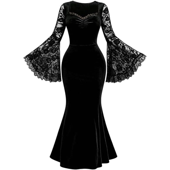 Hsqqdc Lace Black Gothic Victorian V-Neck Dress with Long Flared Sleeves for Women XL, 1 Piece