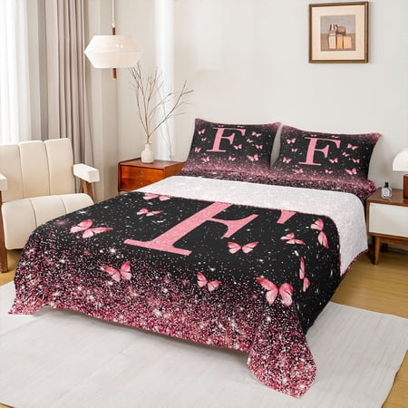 jejeloiu Glitter Print Alphabet F Full Size Sheets For Girls Pink Butterfly Initial Art Bed Sheets For Kids 4pcs