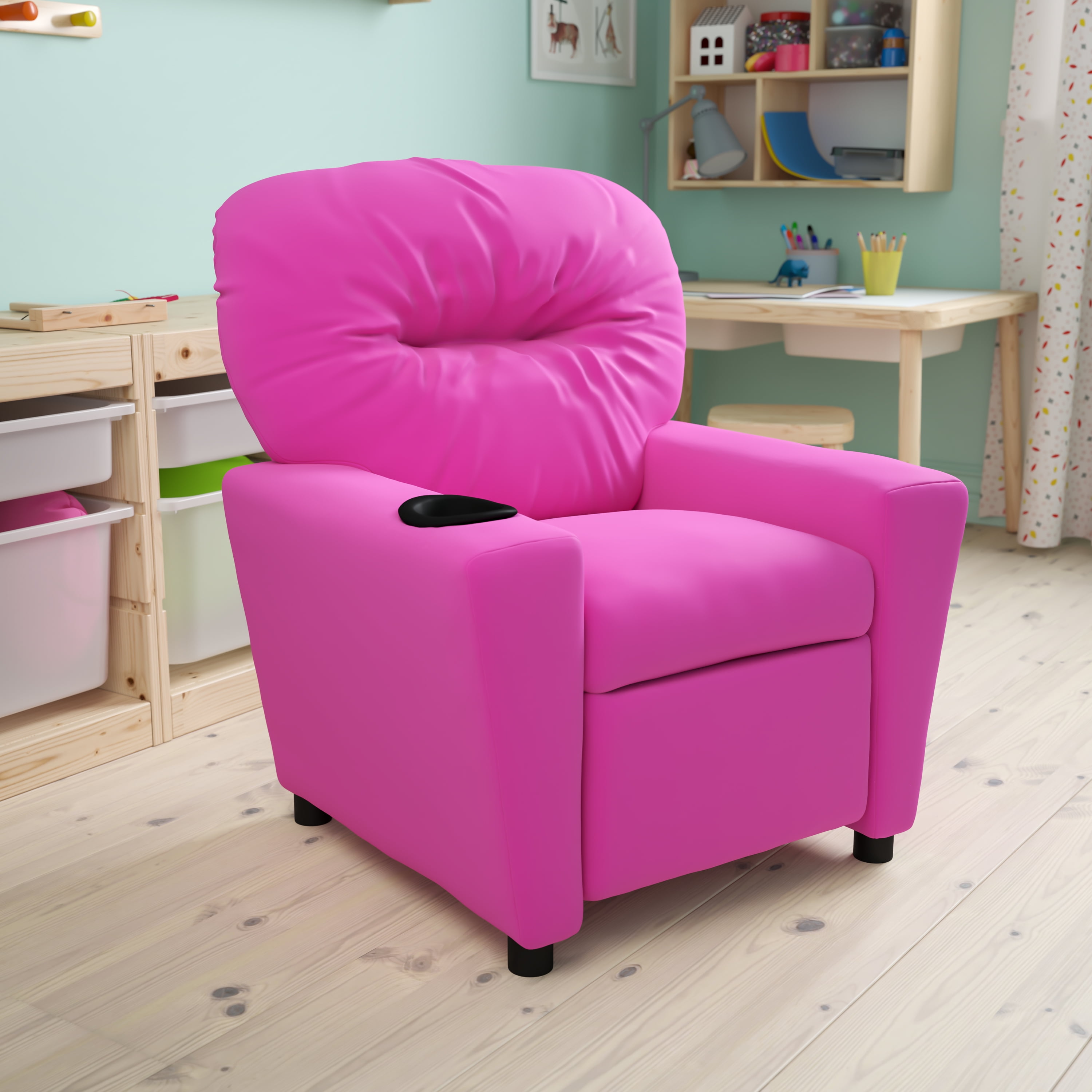 Flash Furniture Contemporary Hot Pink Vinyl Kids Recliner with Cup