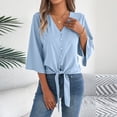 thumbnail image 2 of VEKDONE Women's V Neck Tie Front Blouse 3/4 Flare Sleeve Button Down Shirt Casual Loose Fit Lightweight Tunic Tops for Daily Wear Blue S, 2 of 7