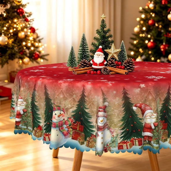 Duangreer Golden Christmas Plaid Round Tablecloth, Snowman Xmas Tree Gift Print, Waterproof Wrinkle Resistant, 70''Round